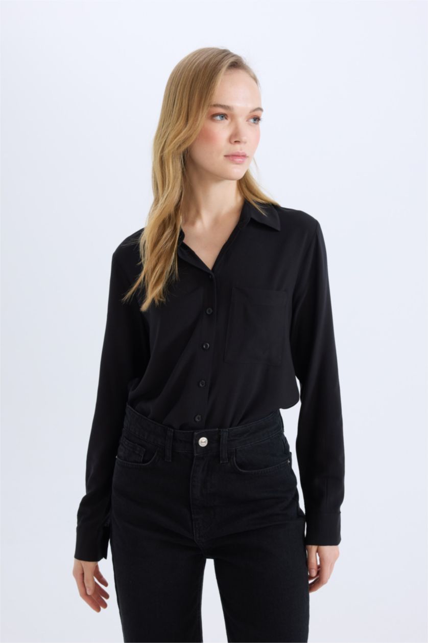 نساء أسود قميص بيزك قصة عادية ردن طويل