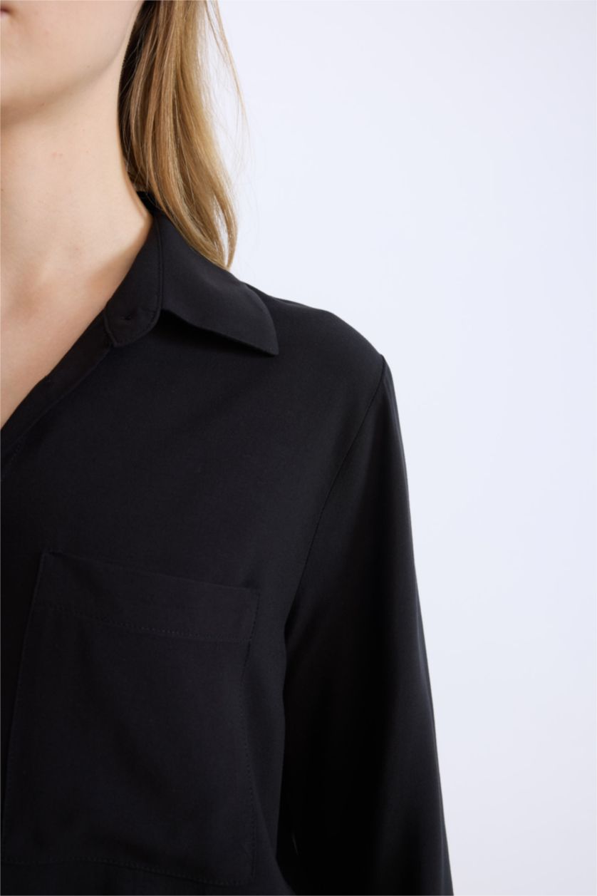 نساء أسود قميص بيزك قصة عادية ردن طويل