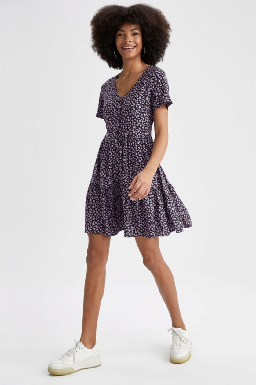 FEMME Noir Mini robe tissée à manches courtes imprimée à col en V et en A