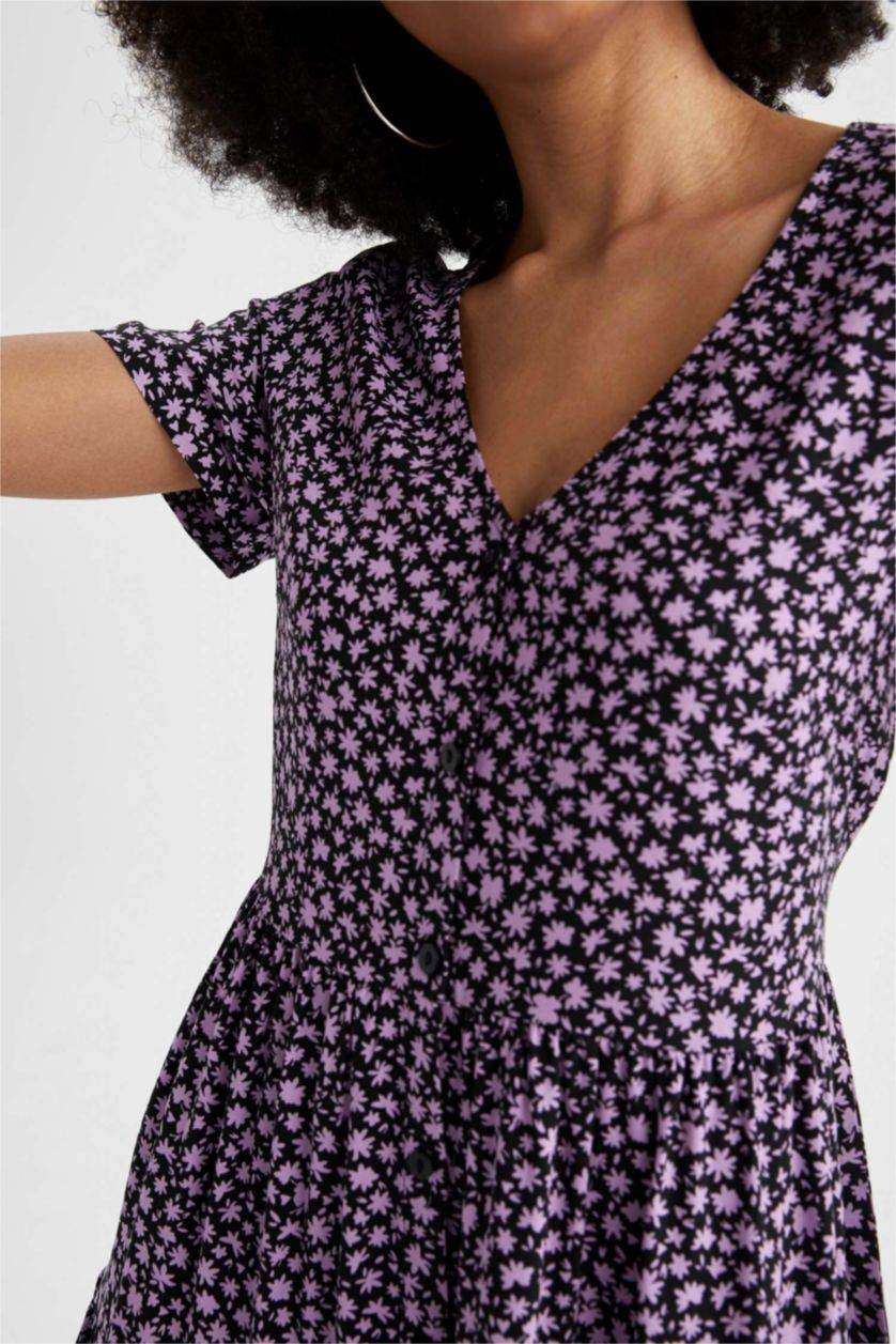 FEMME Noir Mini robe tissée à manches courtes imprimée à col en V et en A