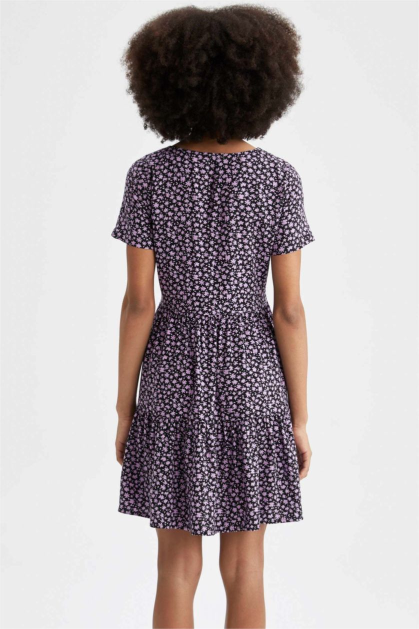 FEMME Noir Mini robe tissée à manches courtes imprimée à col en V et en A