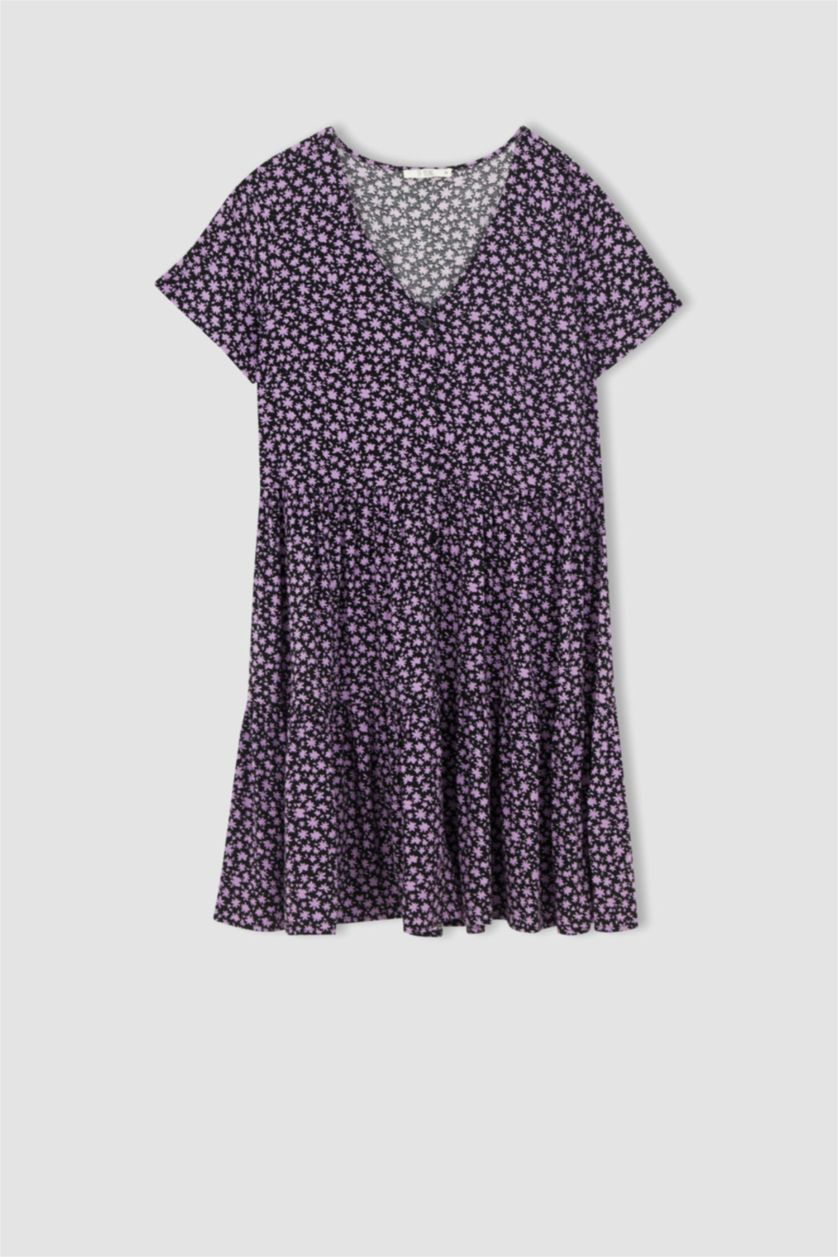 FEMME Noir Mini robe tissée à manches courtes imprimée à col en V et en A