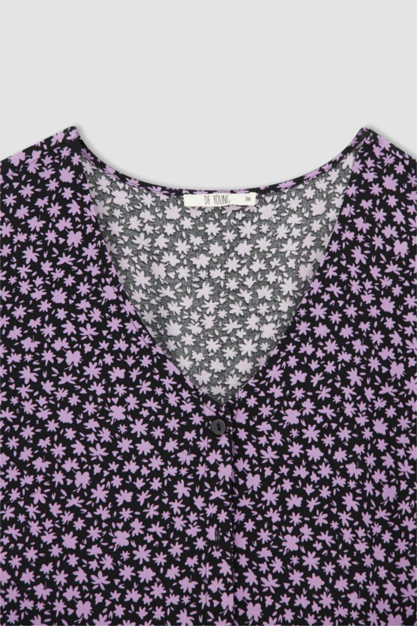 FEMME Noir Mini robe tissée à manches courtes imprimée à col en V et en A