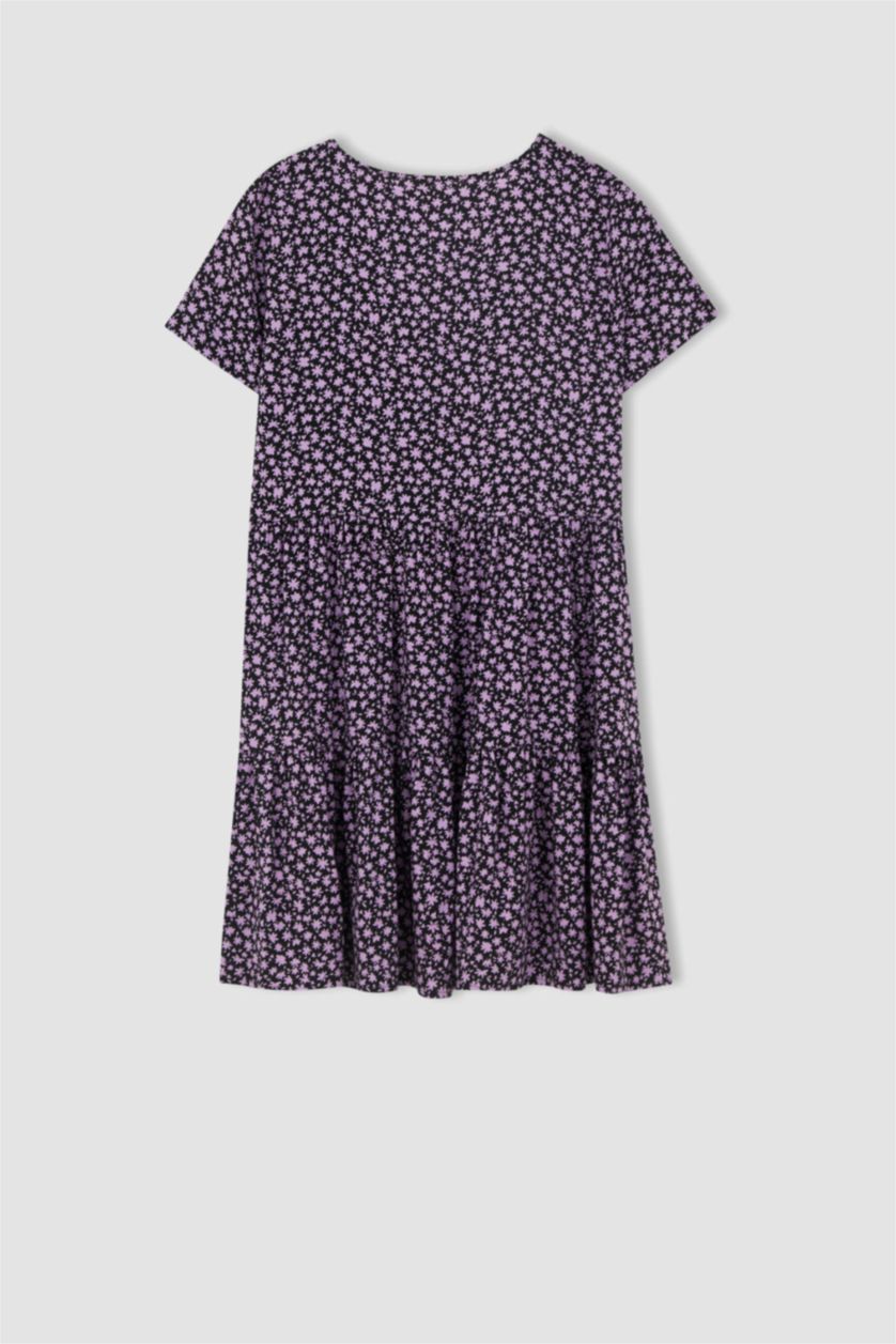 FEMME Noir Mini robe tissée à manches courtes imprimée à col en V et en A