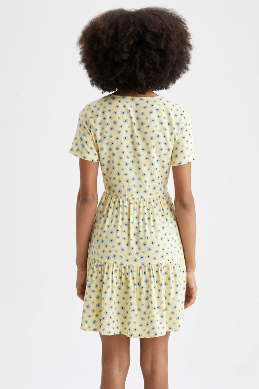 FEMME Jaune Mini robe tissée à manches courtes imprimée à col en V et en A