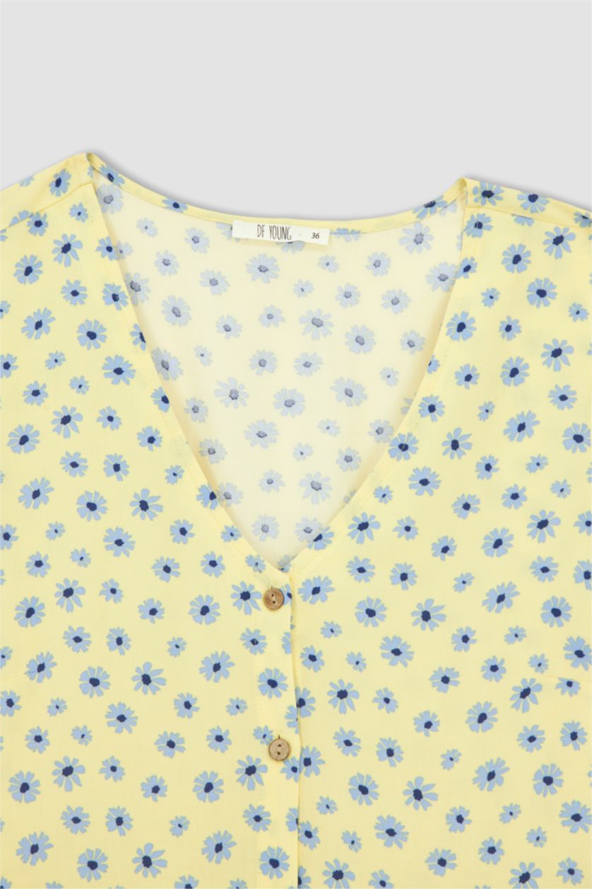 FEMME Jaune Mini robe tissée à manches courtes imprimée à col en V et en A