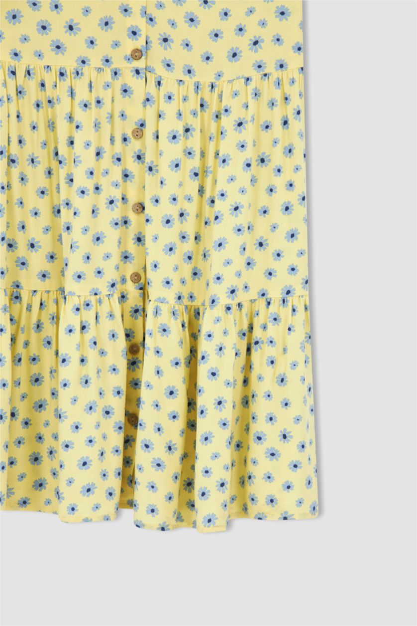 FEMME Jaune Mini robe tissée à manches courtes imprimée à col en V et en A