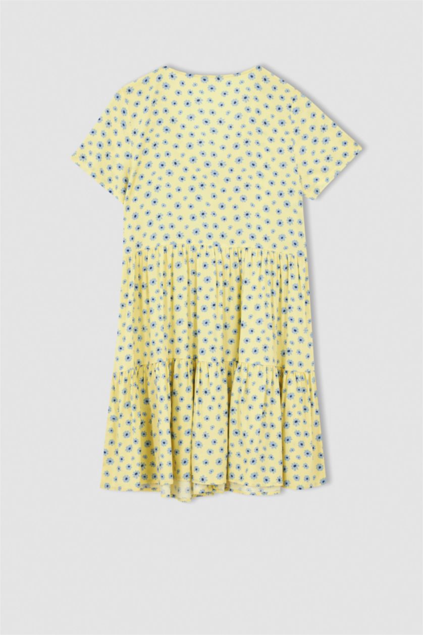 FEMME Jaune Mini robe tissée à manches courtes imprimée à col en V et en A