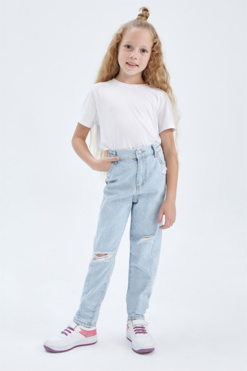 Kız Çocuk - Genç Kız Açık Mavi Kız Çocuk Mom Fit Yırtık Jean Pantolon