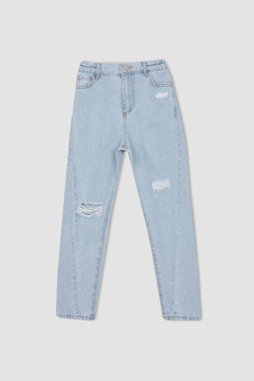 Kız Çocuk - Genç Kız Açık Mavi Kız Çocuk Mom Fit Yırtık Jean Pantolon