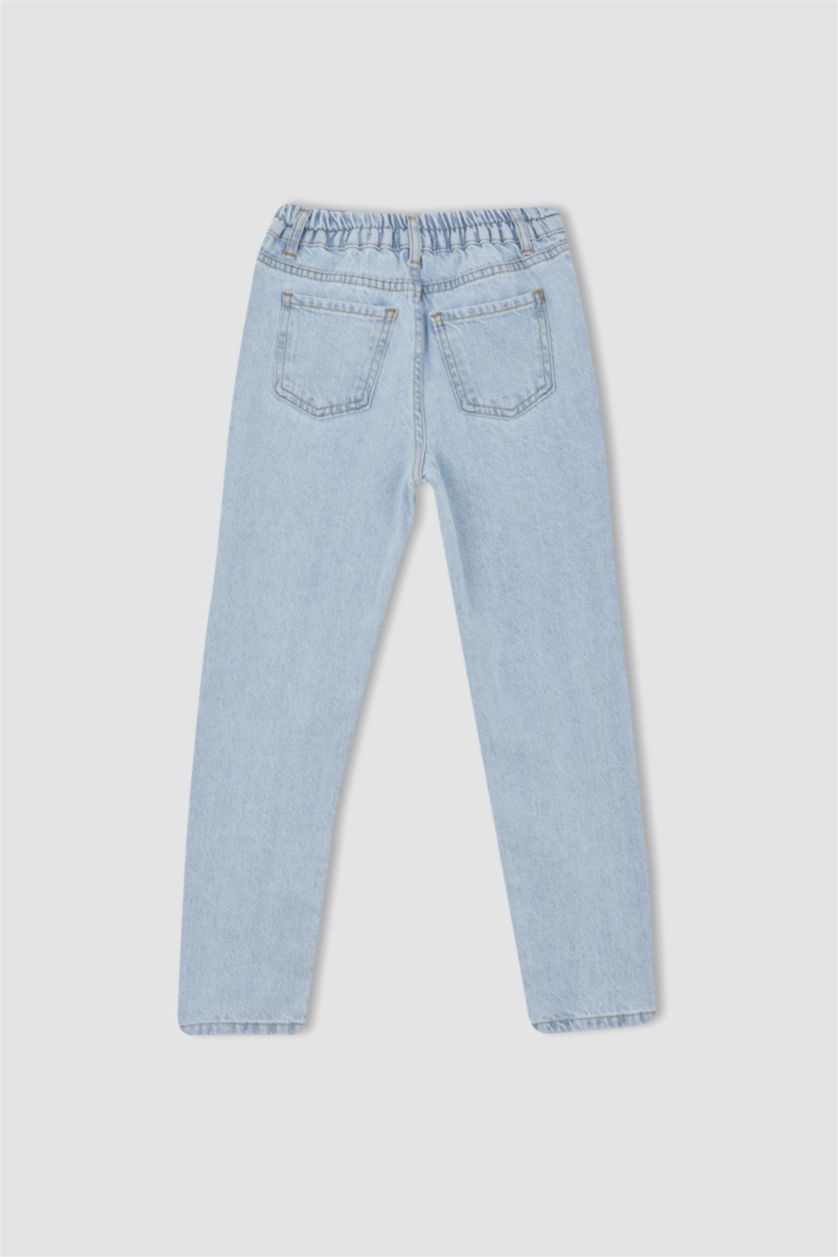 Kız Çocuk - Genç Kız Açık Mavi Kız Çocuk Mom Fit Yırtık Jean Pantolon
