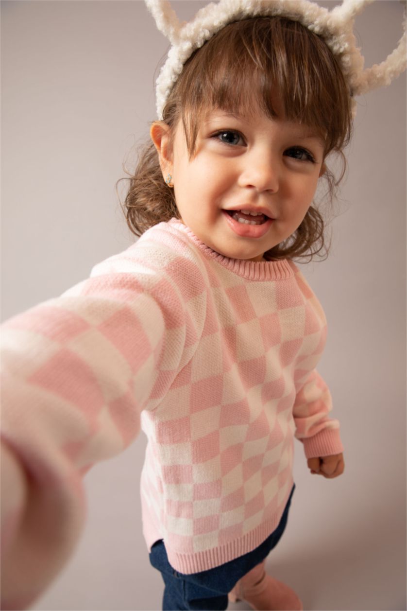 BABY GIRL Pink Baby Girl Regular Fit Plaid Crew Neck Pullover