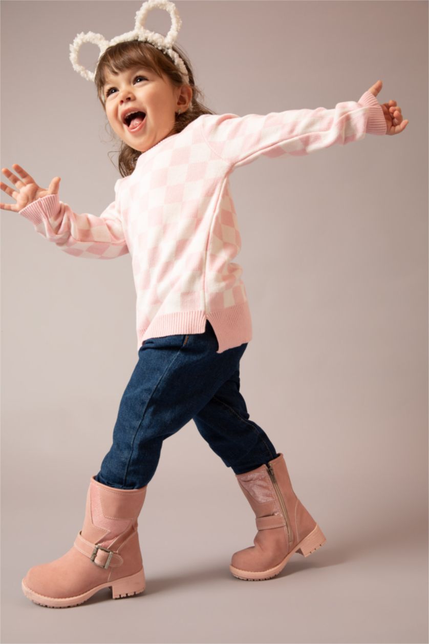 BABY GIRL Pink Baby Girl Regular Fit Plaid Crew Neck Pullover