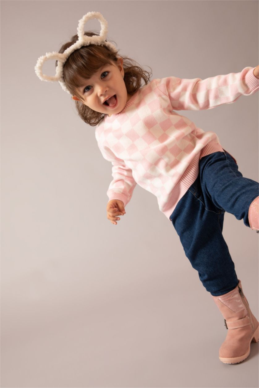 BABY GIRL Pink Baby Girl Regular Fit Plaid Crew Neck Pullover