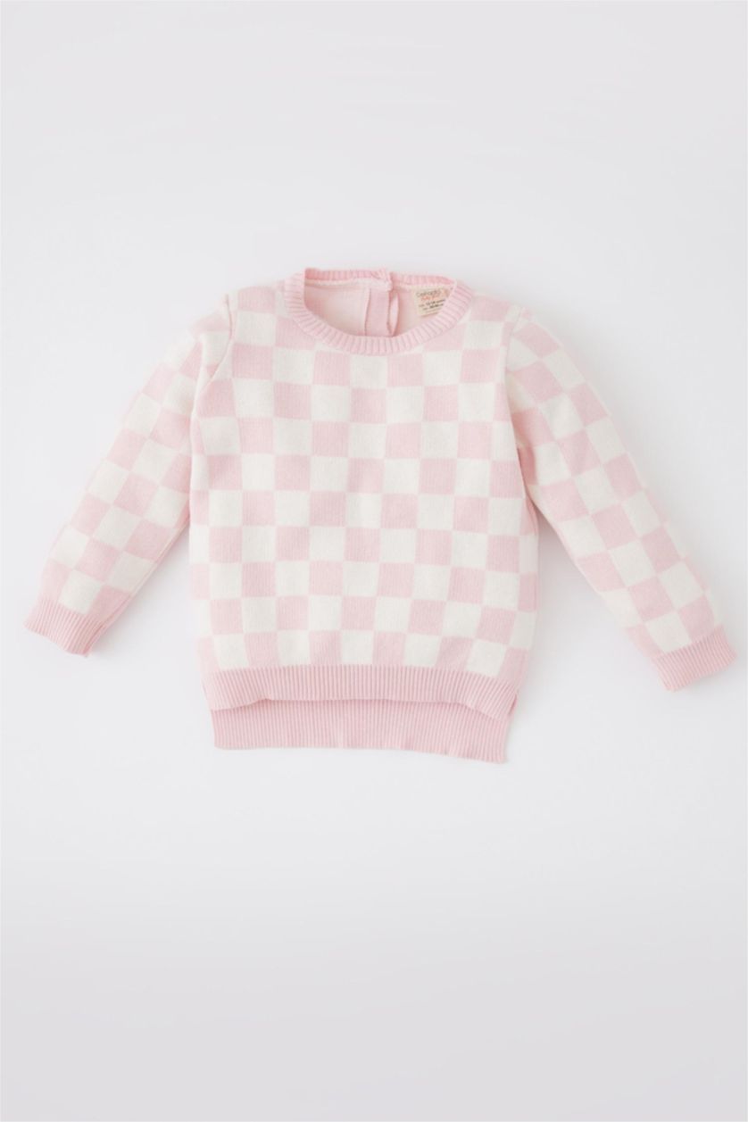 BABY GIRL Pink Baby Girl Regular Fit Plaid Crew Neck Pullover