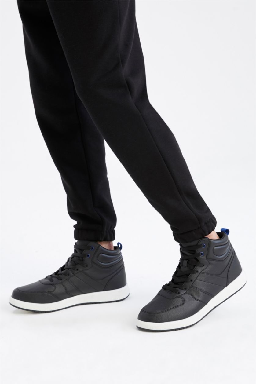 Erkek Siyah Erkek Suni Deri Bağcıklı Bilekli Spor Ayakkabı