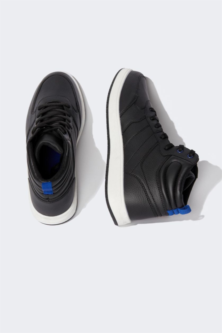 Erkek Siyah Erkek Suni Deri Bağcıklı Bilekli Spor Ayakkabı