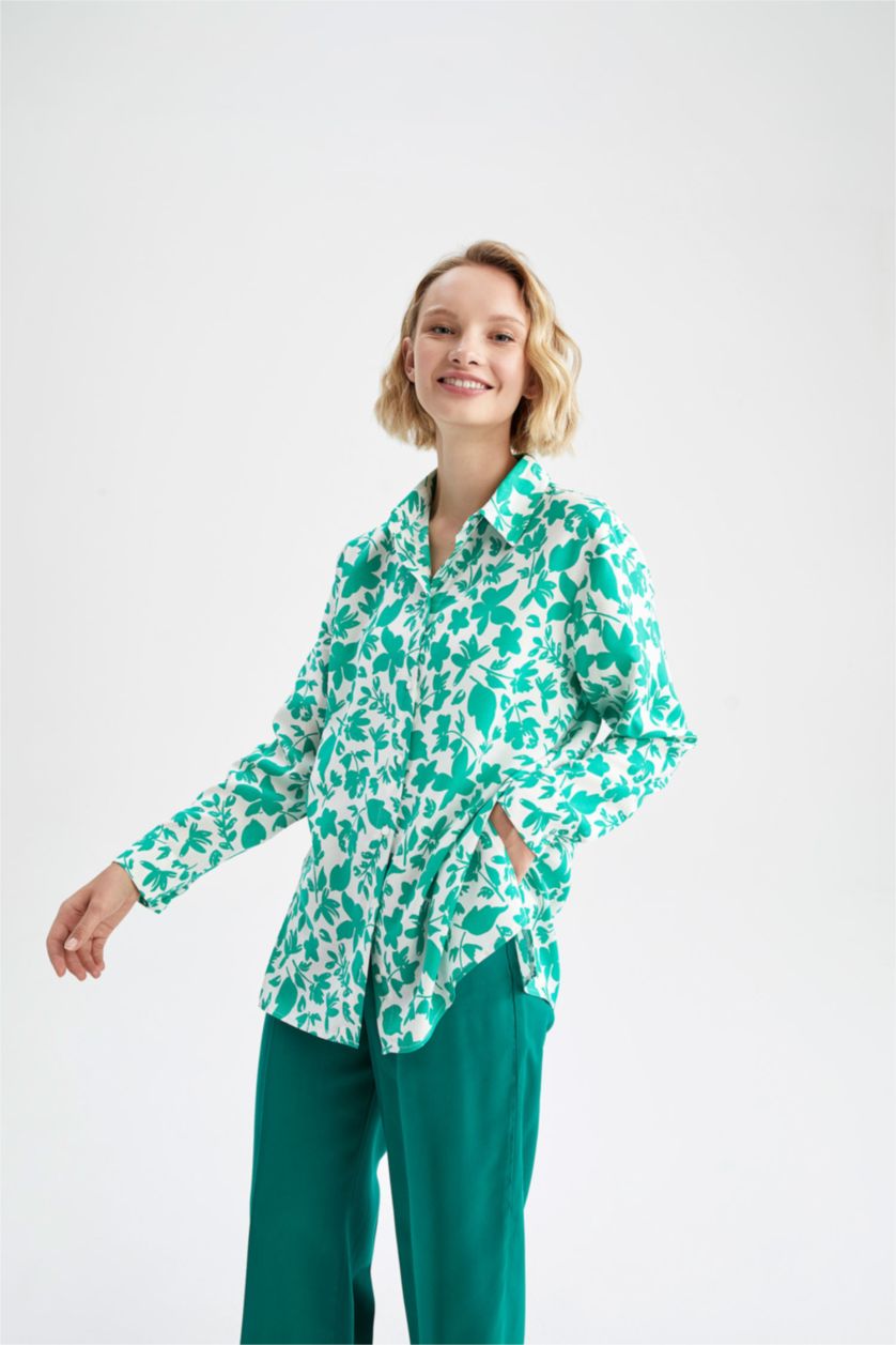 Женская Зеленый Рубашка стандартного кроя с длинным рукавом