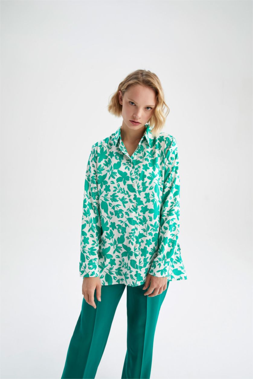 Женская Зеленый Рубашка стандартного кроя с длинным рукавом