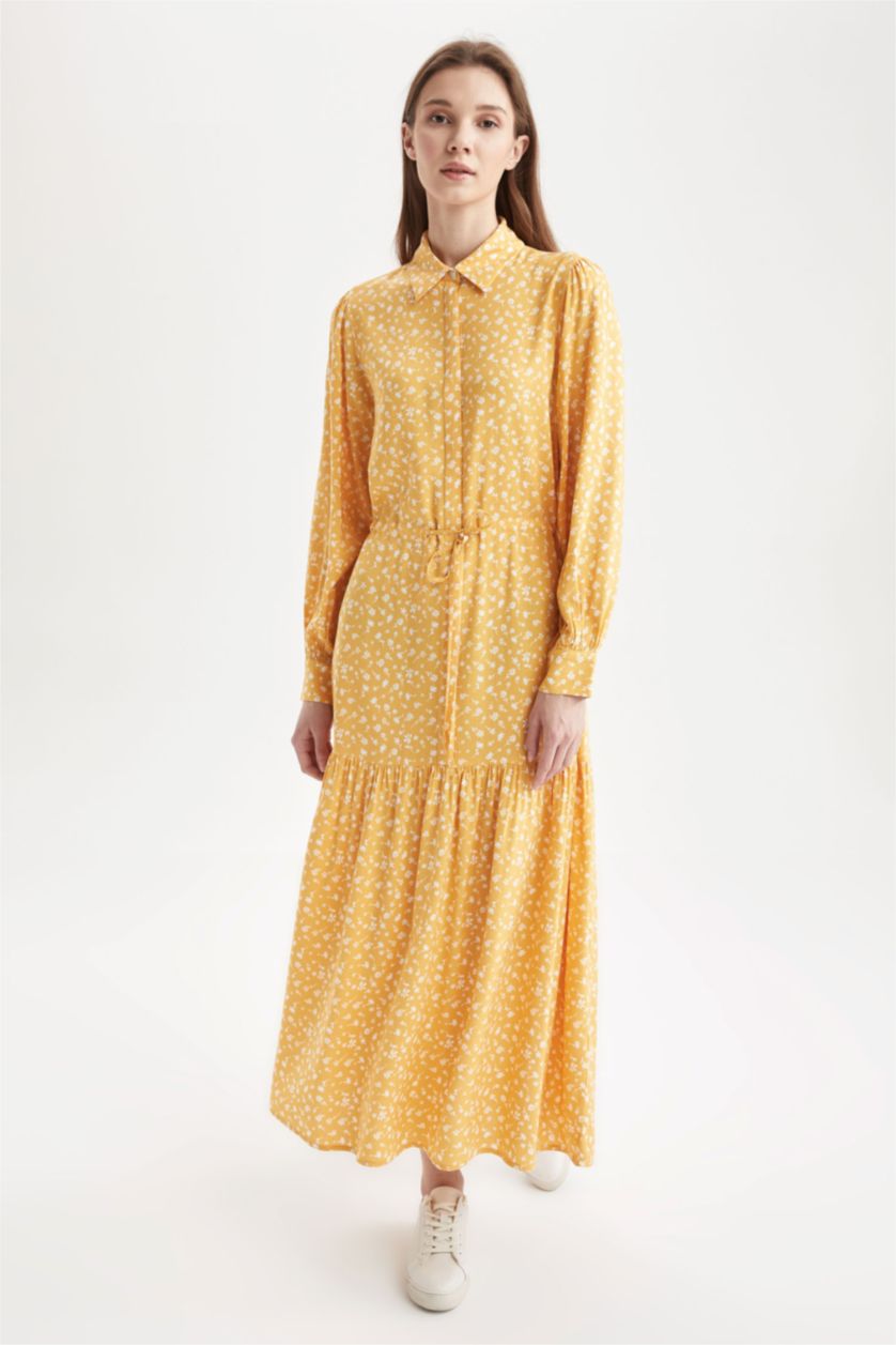 Woman Yellow Regular Fit Floral Patterned Viscose Maxi Shirt Dress