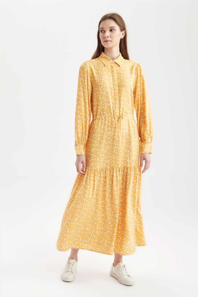 Woman Yellow Regular Fit Floral Patterned Viscose Maxi Shirt Dress