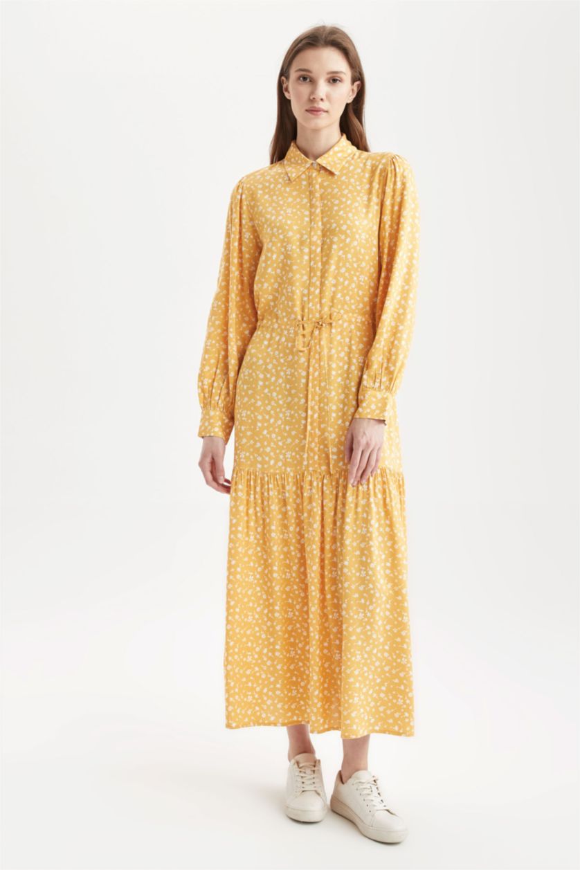 Woman Yellow Regular Fit Floral Patterned Viscose Maxi Shirt Dress