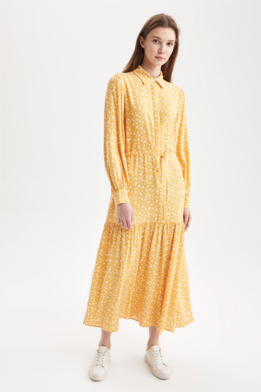 Woman Yellow Regular Fit Floral Patterned Viscose Maxi Shirt Dress