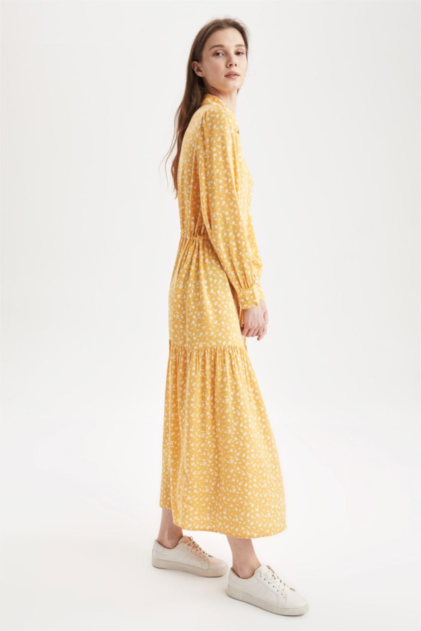 Woman Yellow Regular Fit Floral Patterned Viscose Maxi Shirt Dress
