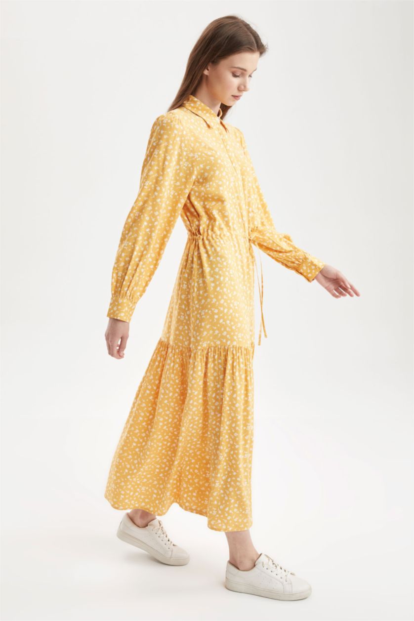 Woman Yellow Regular Fit Floral Patterned Viscose Maxi Shirt Dress