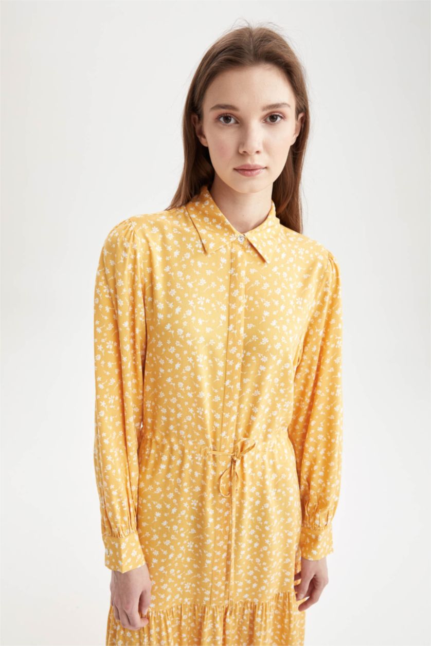 Woman Yellow Regular Fit Floral Patterned Viscose Maxi Shirt Dress
