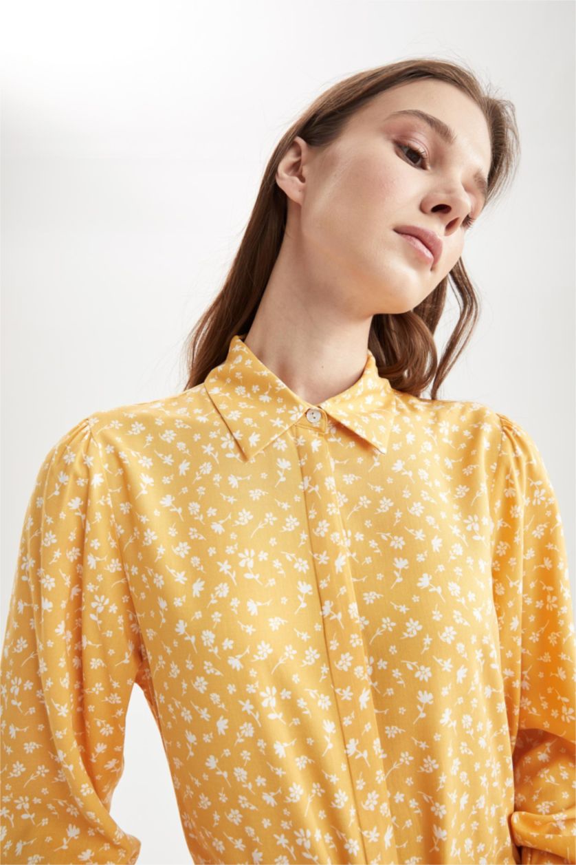 Woman Yellow Regular Fit Floral Patterned Viscose Maxi Shirt Dress