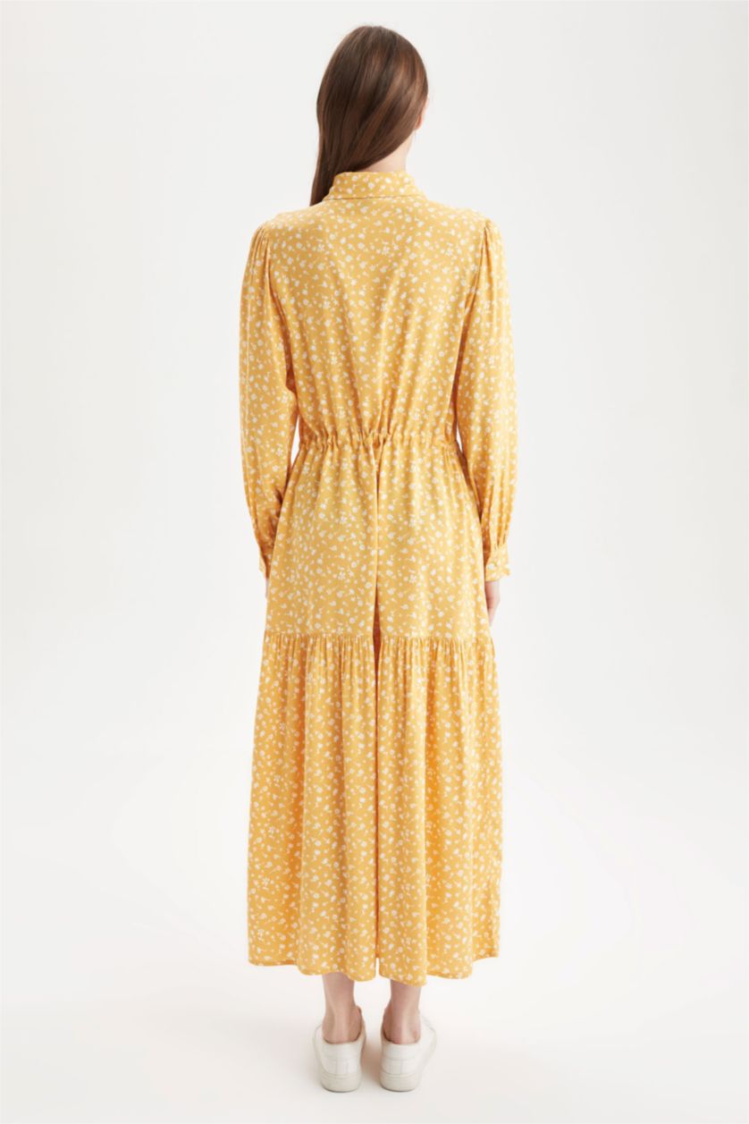 Woman Yellow Regular Fit Floral Patterned Viscose Maxi Shirt Dress