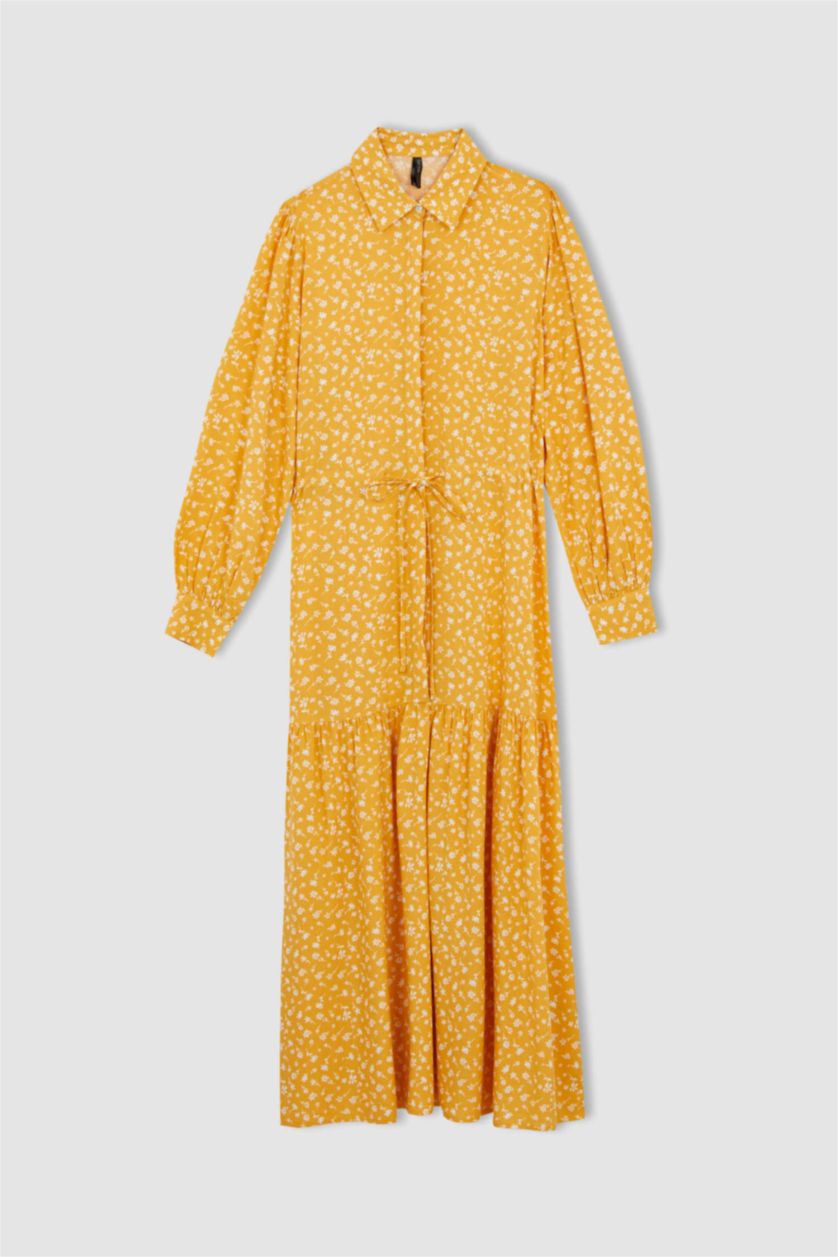 Woman Yellow Regular Fit Floral Patterned Viscose Maxi Shirt Dress
