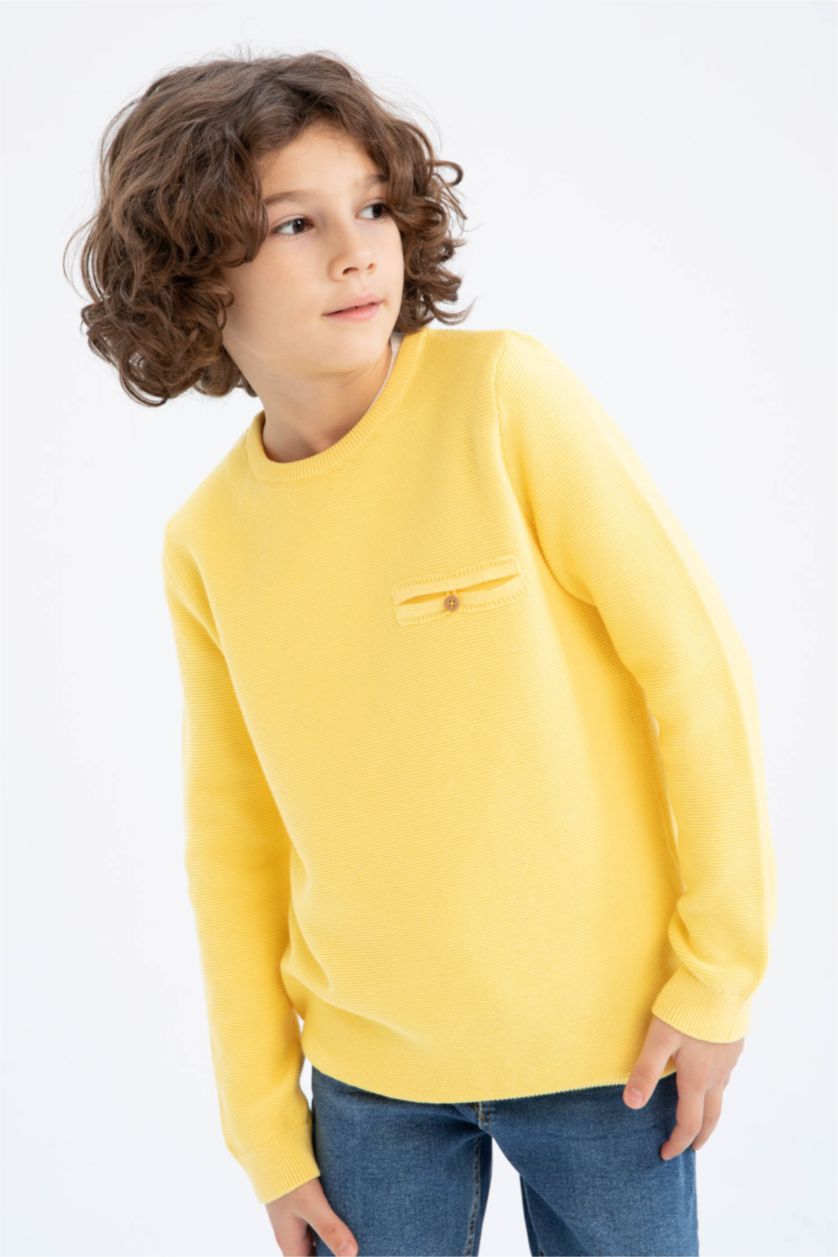 Мальчики и подростки Темно-желтый Пуловер стандартного кроя с круглым вырезом из хлопка для мальчиков