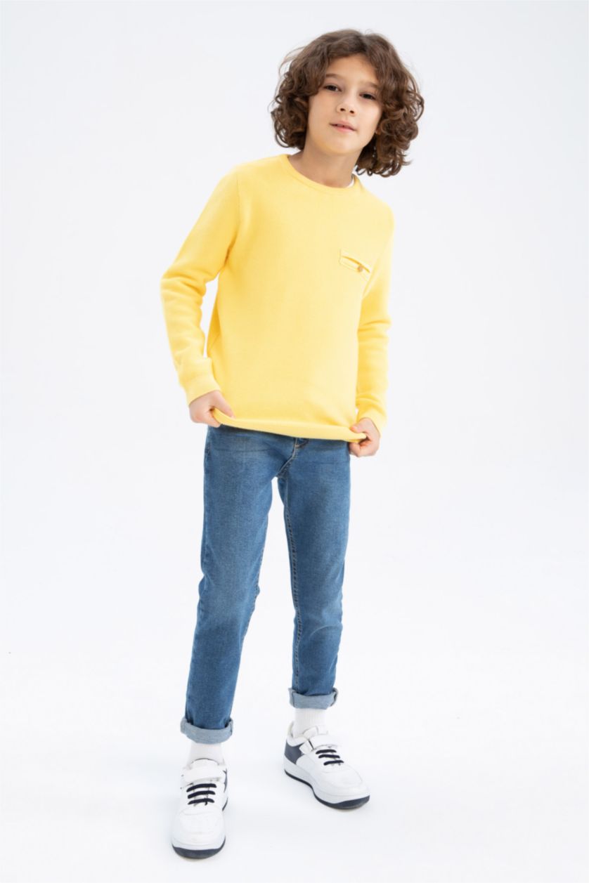 Мальчики и подростки Темно-желтый Пуловер стандартного кроя с круглым вырезом из хлопка для мальчиков