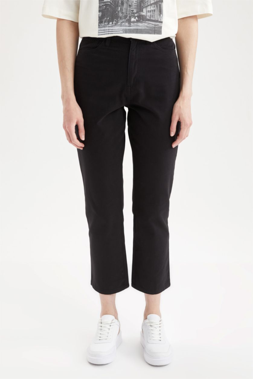 WOMAN Black Regular Fit Cotton Gabardine Trousers