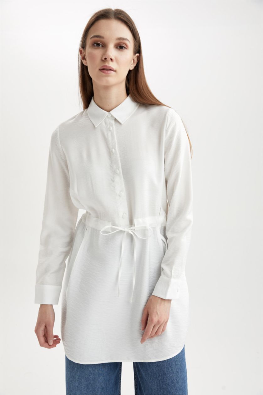 Kadın Ekru Regular Fıt Uzun Kollu Tunik