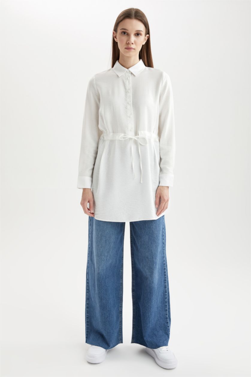 Kadın Ekru Regular Fıt Uzun Kollu Tunik