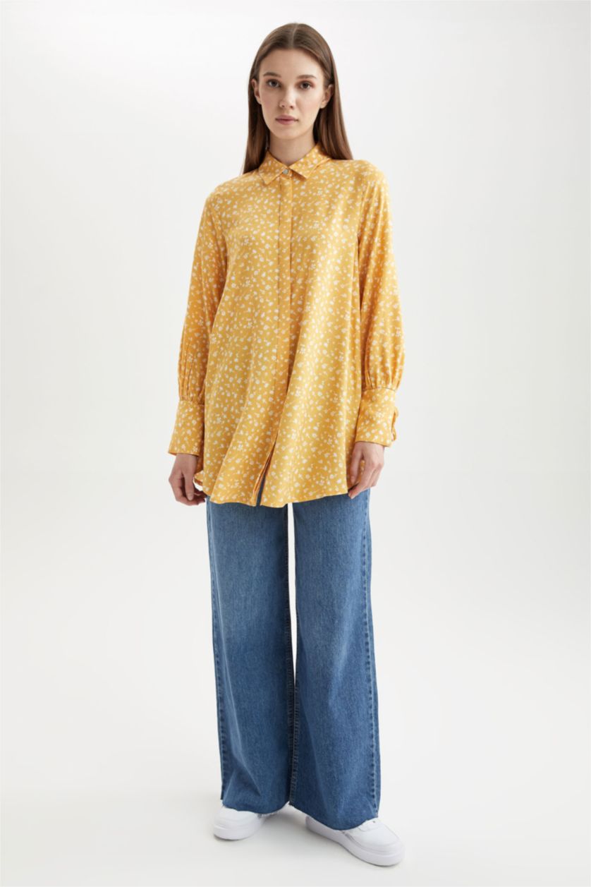 FEMME Jaune Tunique chemise à manches longues à motif floral coupe classique