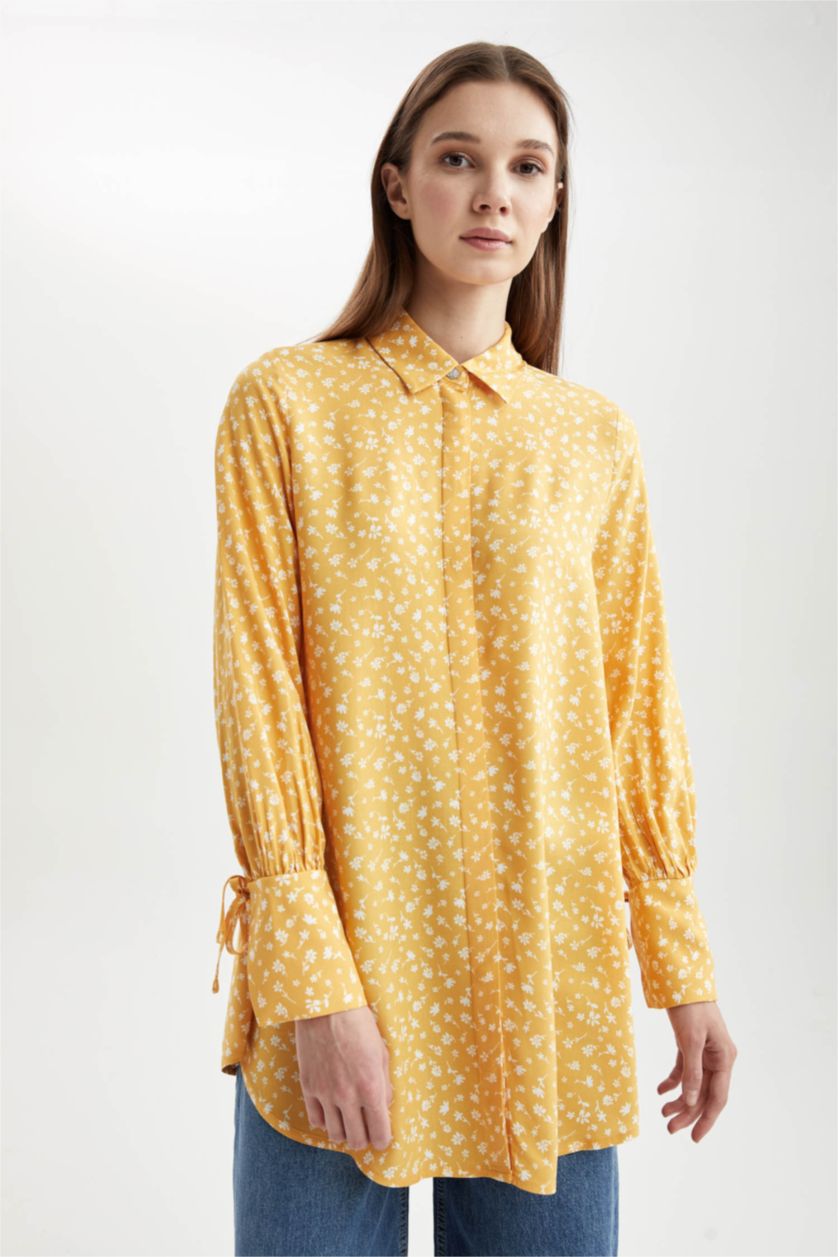 FEMME Jaune Tunique chemise à manches longues à motif floral coupe classique