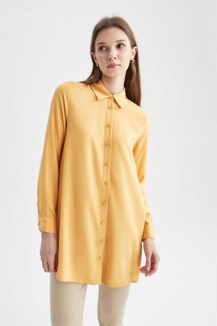 FEMME Jaune Tunique chemise basique à manches longues coupe décontractée