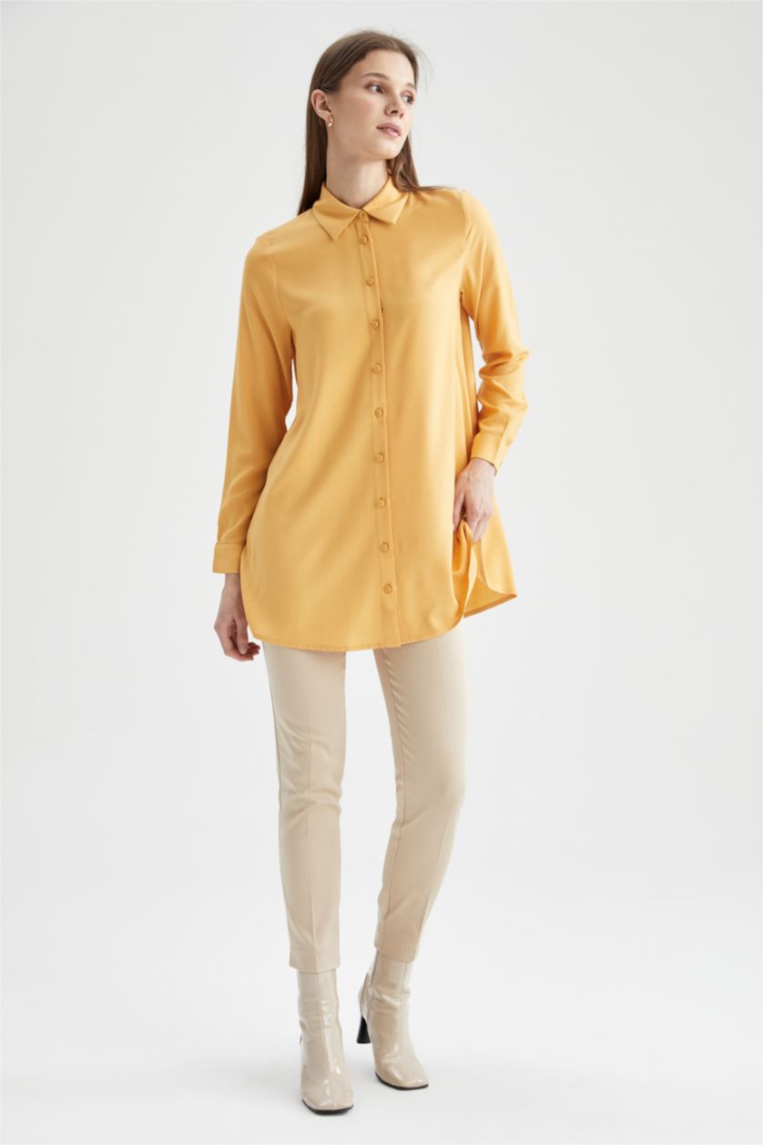 FEMME Jaune Tunique chemise basique à manches longues coupe décontractée