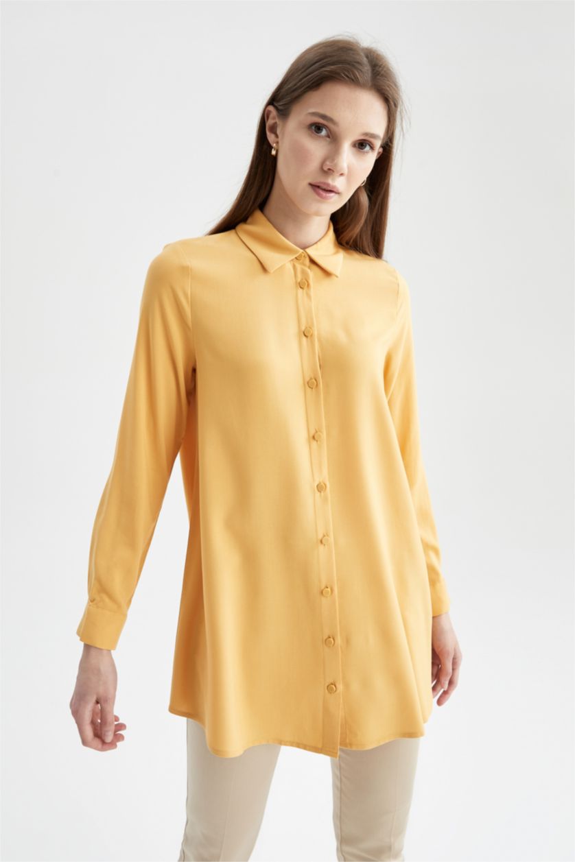 FEMME Jaune Tunique chemise basique à manches longues coupe décontractée