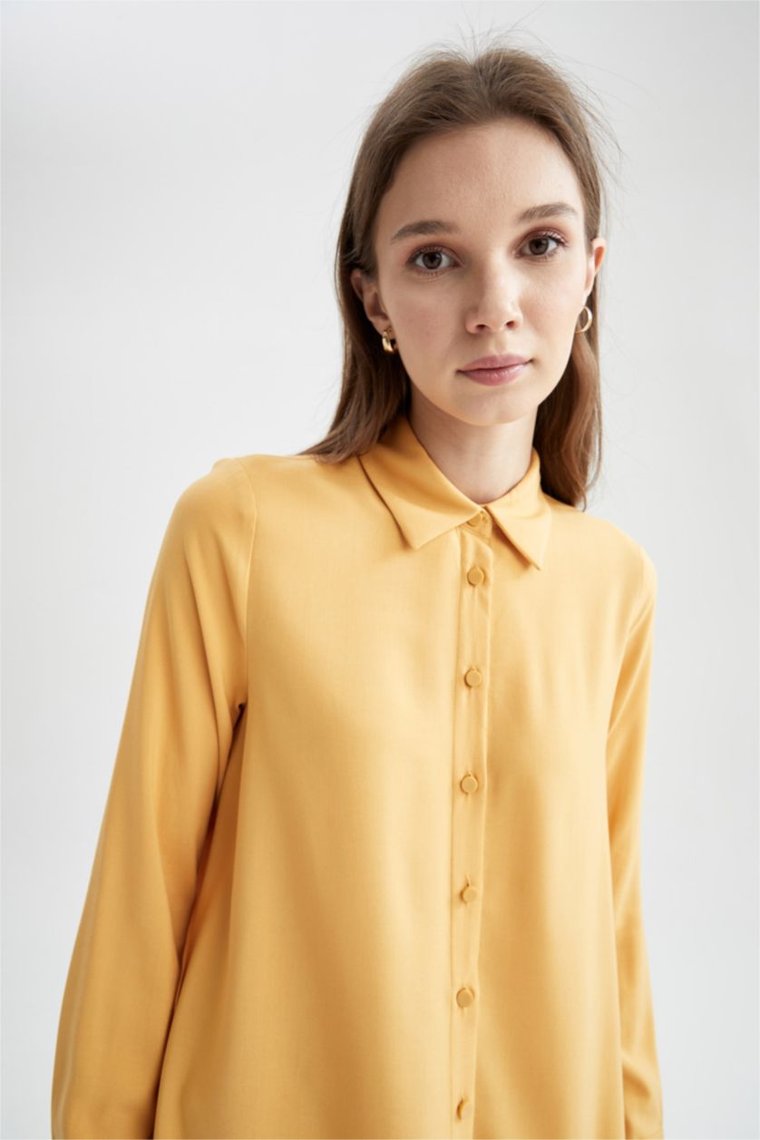 FEMME Jaune Tunique chemise basique à manches longues coupe décontractée