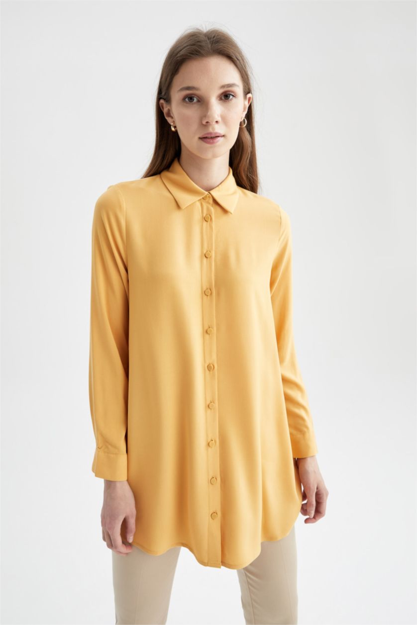 FEMME Jaune Tunique chemise basique à manches longues coupe décontractée