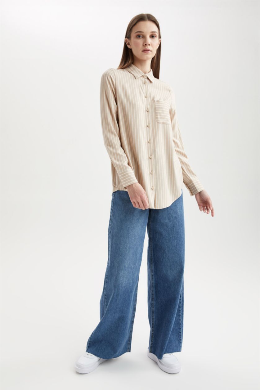 FEMME Beige Tunique chemise à manches longues rayée de coupe régulière