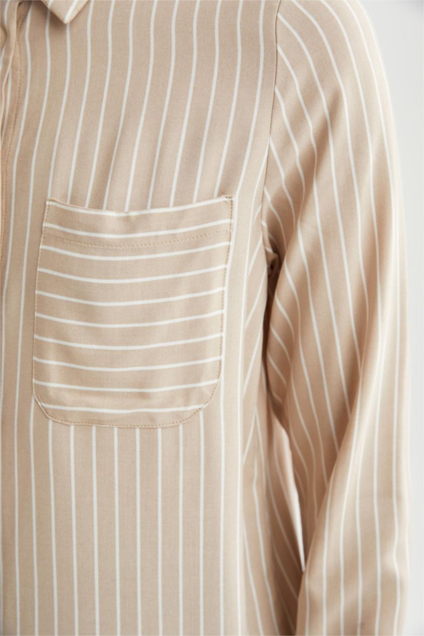 FEMME Beige Tunique chemise à manches longues rayée de coupe régulière