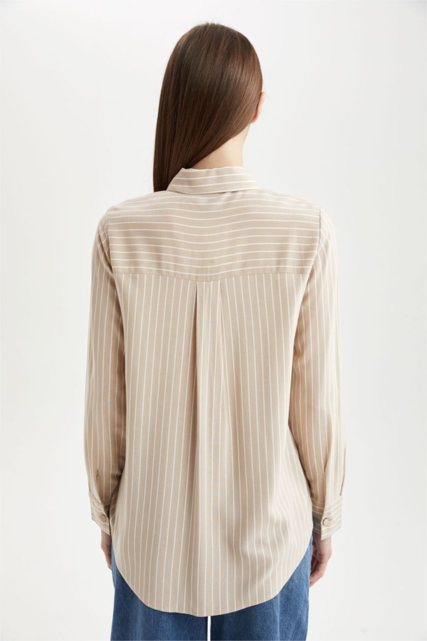 FEMME Beige Tunique chemise à manches longues rayée de coupe régulière