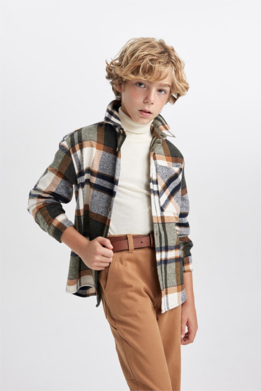 Erkek Çocuk - Genç Erkek Haki Erkek Çocuk Oversize Fit Kareli Flanel Uzun Kollu Gömlek