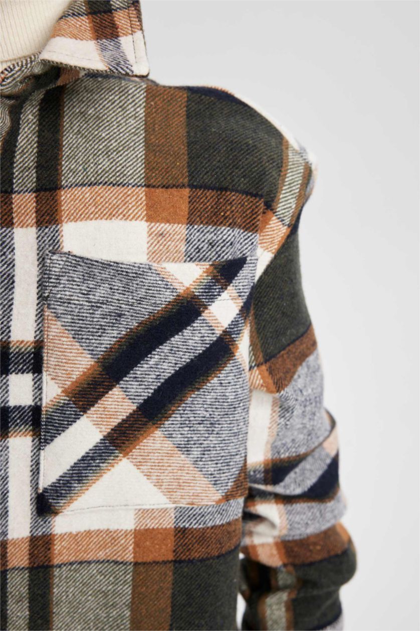 Erkek Çocuk - Genç Erkek Haki Erkek Çocuk Oversize Fit Kareli Flanel Uzun Kollu Gömlek